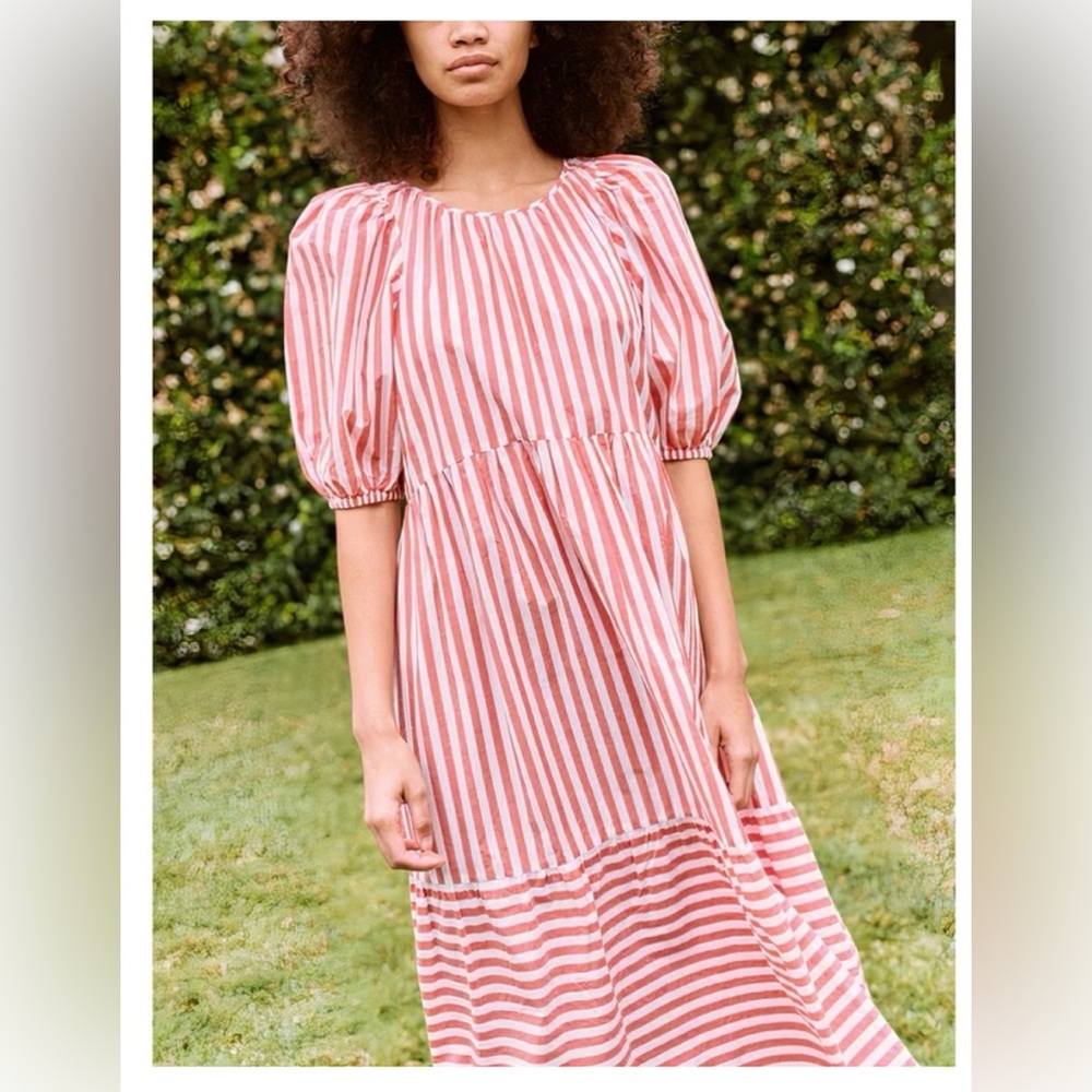 THE GREAT. Striped Red and White Midi Dress - Picture 4 of 8